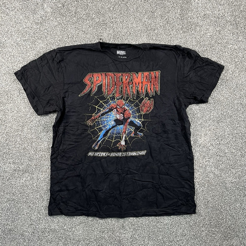 Marvel Spider-Man Mens M Black Graphic T Shirt Comic Superhero Distressed